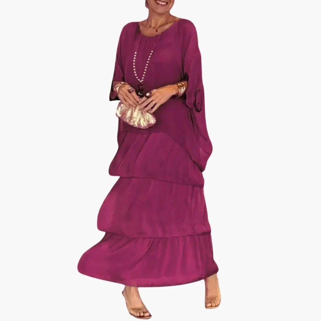 Wilfred Smith women's magenta maxi dress with round neck and smocked sleeves, tiered skirt