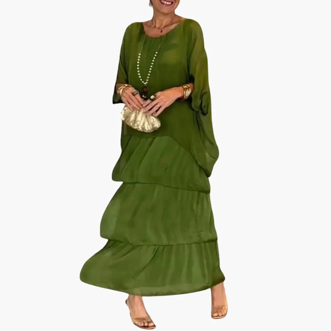 Women's olive-green maxi dress with round neckline, smocked sleeves and tiered ruffle skirt Wilfred Smith
