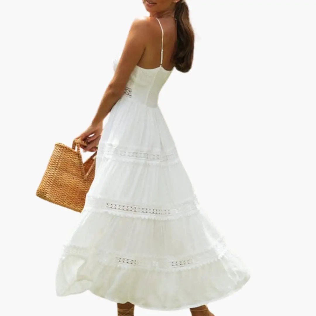 Wilfred Smith women's maxi dress with spaghetti straps, white tiered lace panels
