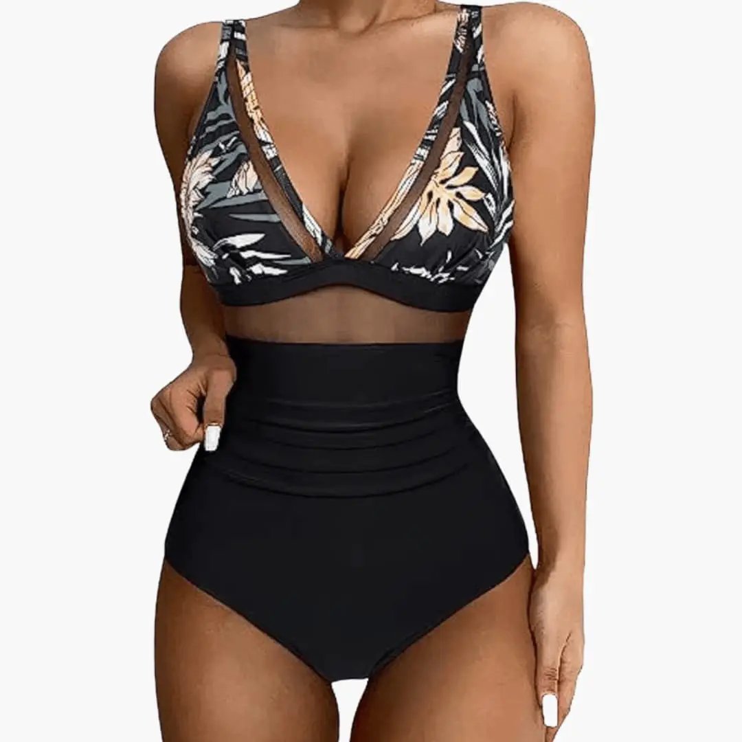 Women’s Mesh Panel One-Piece Swimsuit in black with floral-print top and high-cut legs