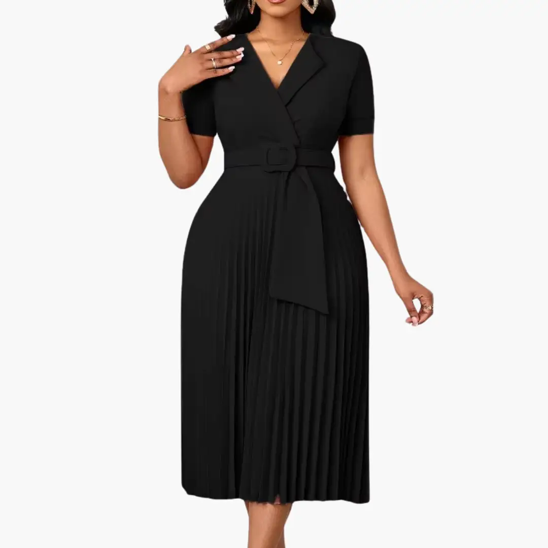 Women's Knit Dress by Wilfred Smith in black with belted waist and pleated midi skirt