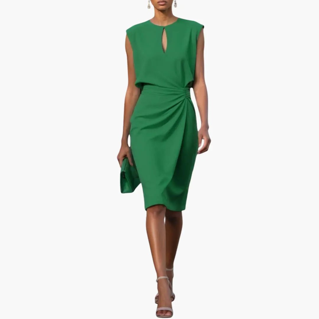 Women’s midi dress by Wilfred Smith in green with a defined waist, twist-draped side knot, and short sleeves.