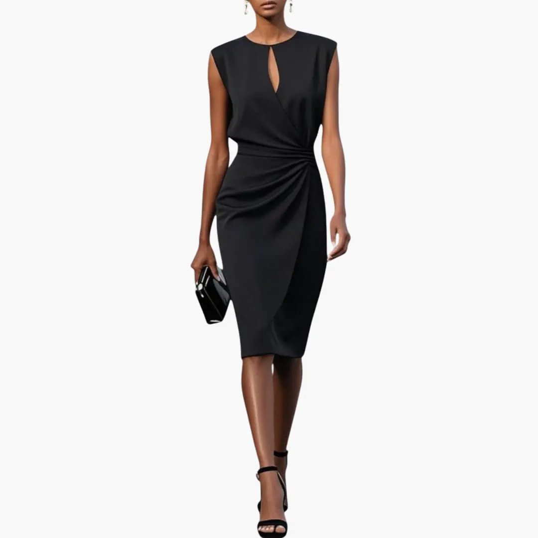 Wilfred Smith Women’s Midi Dress with Defined Waist, black sleeveless wrap-front, knee-length