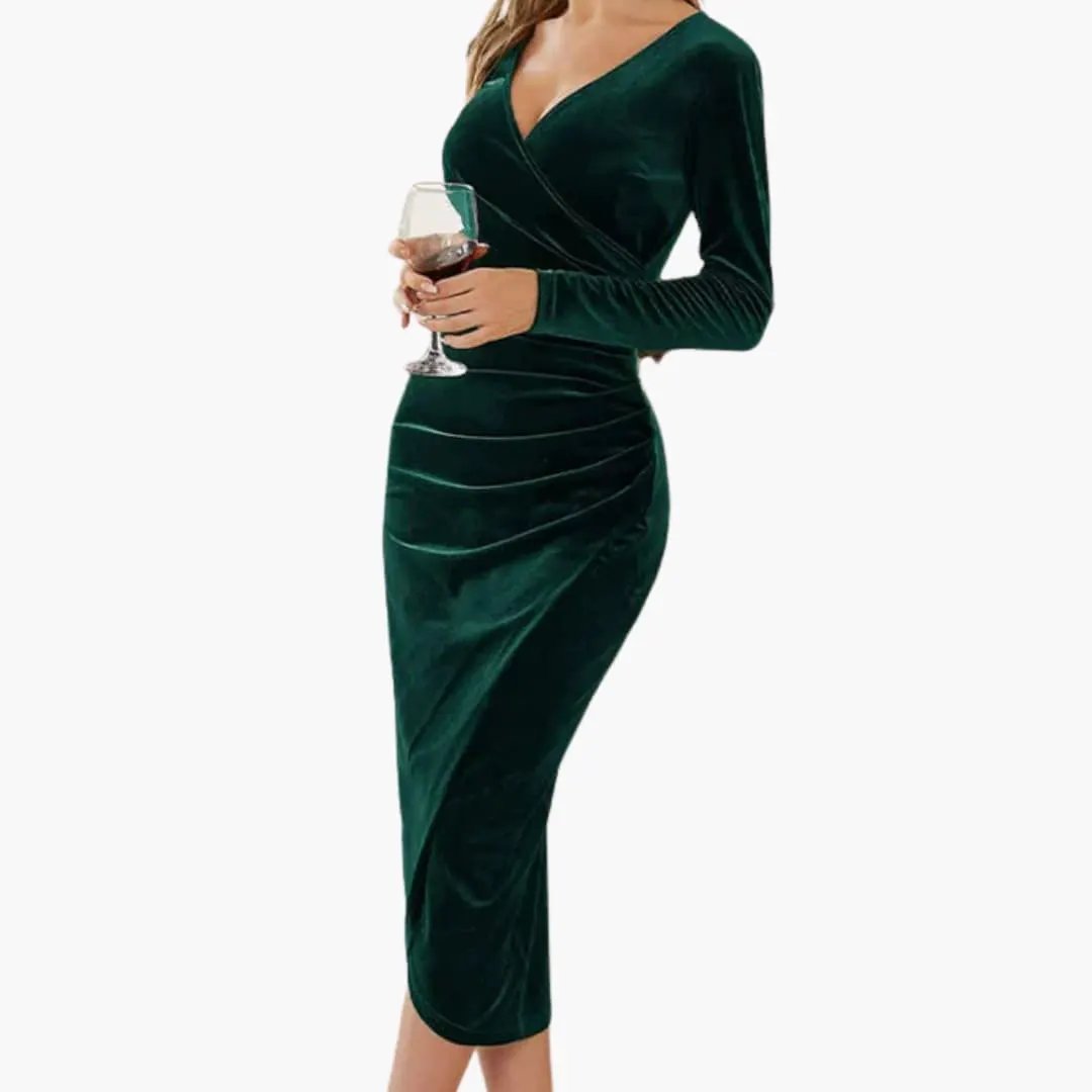 Women’s Midi Dress by Wilfred Smith in emerald green velvet with long sleeves and draped skirt