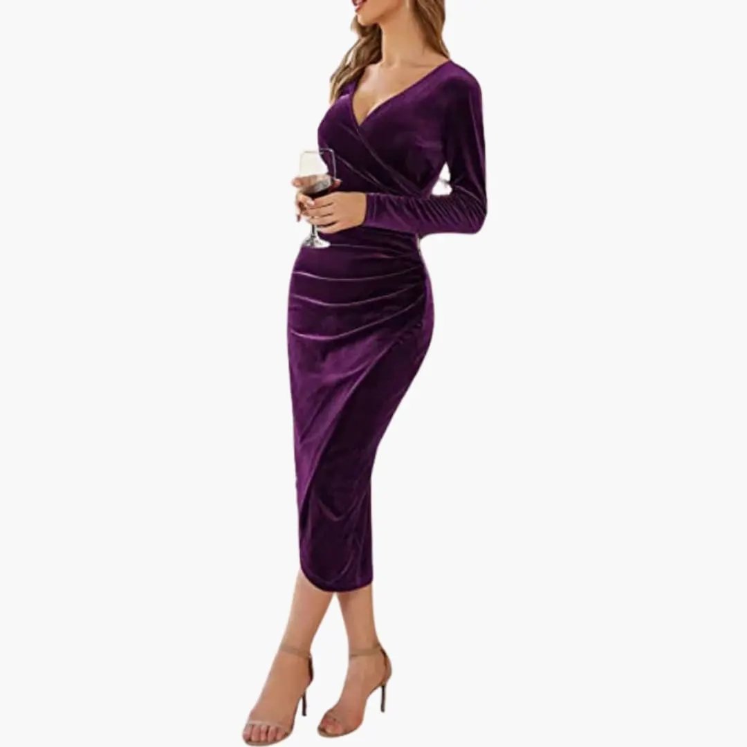 Women’s Midi Dress by Wilfred Smith in purple velvet with long sleeves and draped skirt