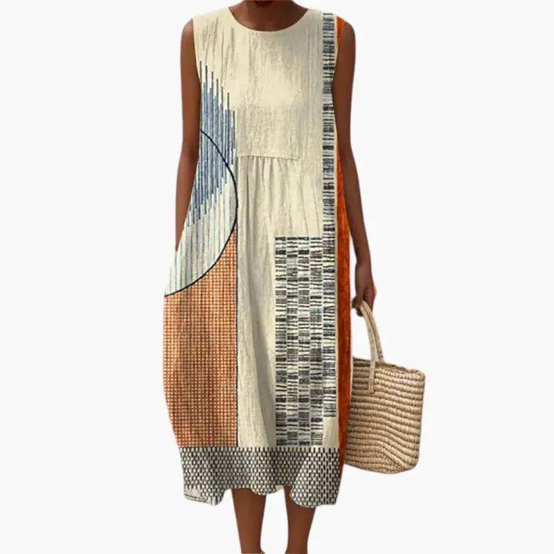 Women's Midi Dress sleeveless with abstract colorblock patchwork print; includes a straw tote bag