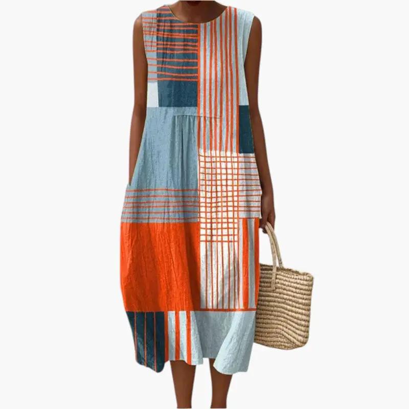 Women's sleeveless patchwork midi dress with side pockets in blue and orange tones