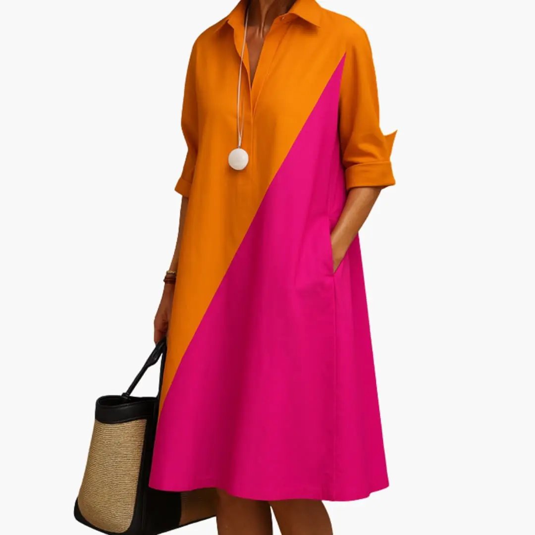 Women's midi dress by Wilfred Smith with diagonal orange and magenta color-block, pockets