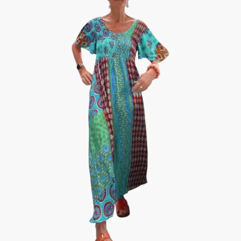 Wilfred Smith Women's Midi Dress with V-neck and short sleeves in a vibrant multicolor print.