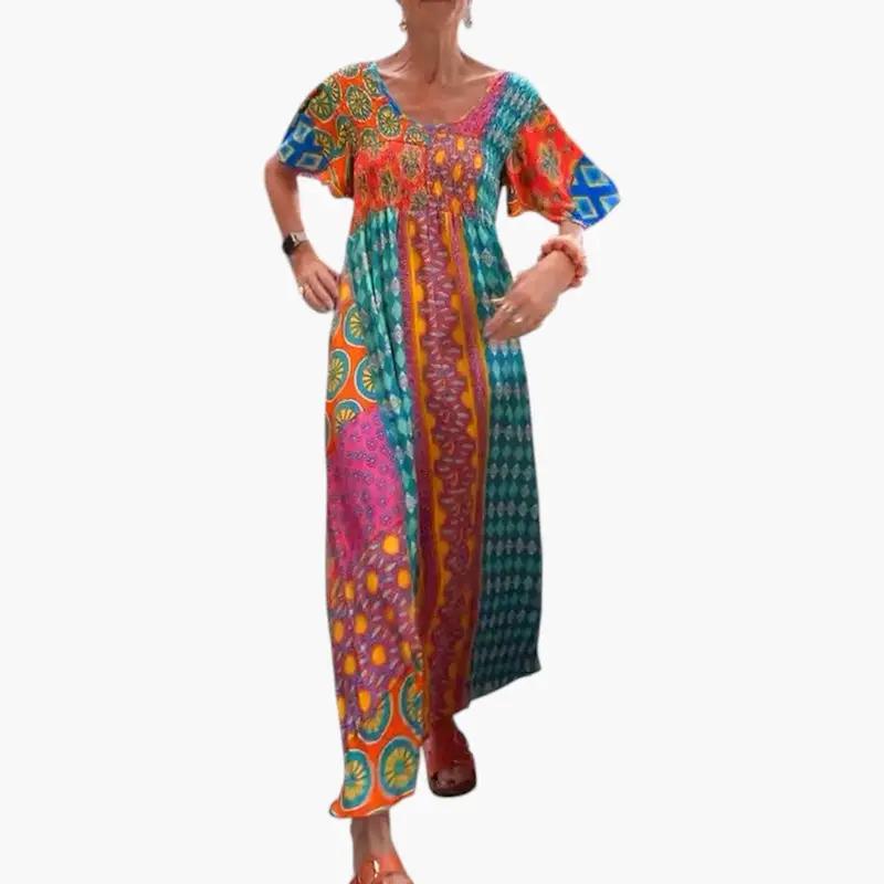 Women's Midi Dress by Wilfred Smith in multicolor boho print with a V-neck and short sleeves