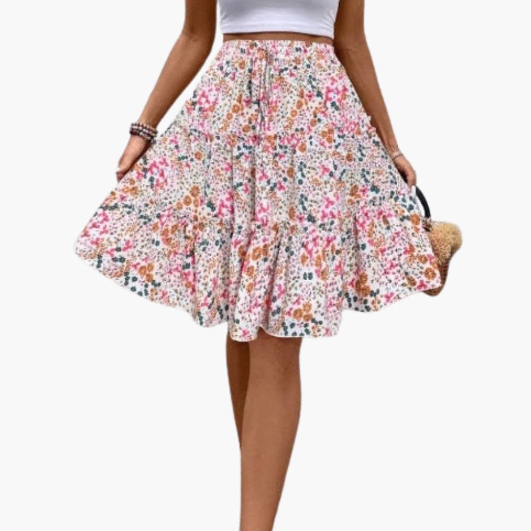 Women's Midi Skirt by Wilfred Smith with elastic waistband and ruffled hem, floral print