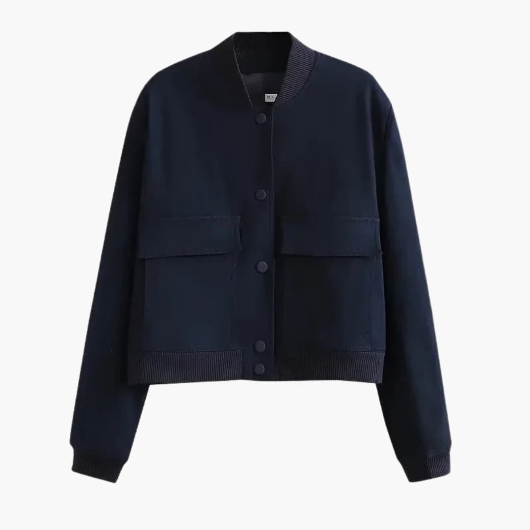 Women's bomber jacket by Wilfred Smith in navy with elastic cuffs and spacious pockets