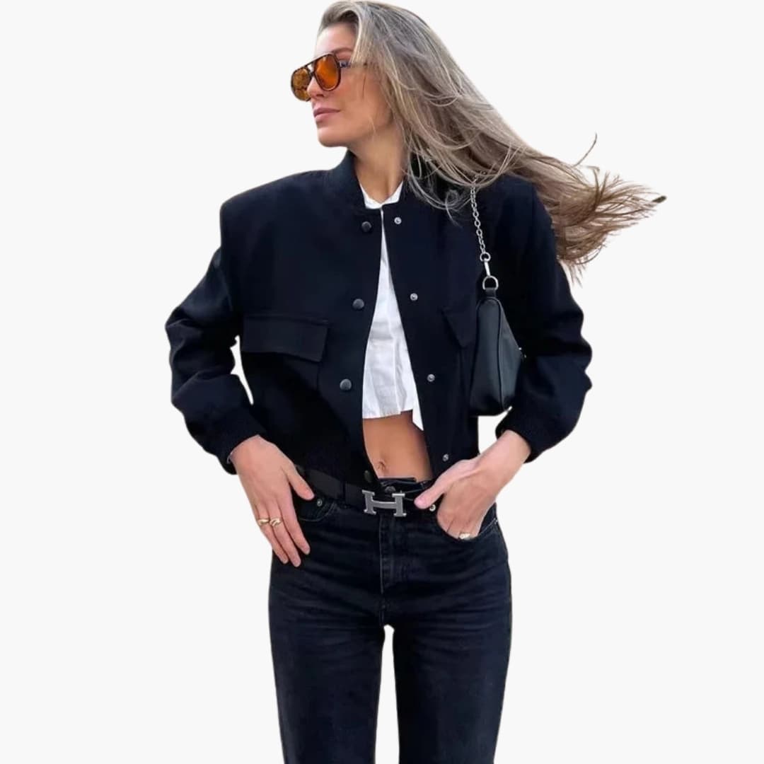 Women's bomber jacket, black military-inspired with elastic cuffs and spacious pockets, Wilfred Smith