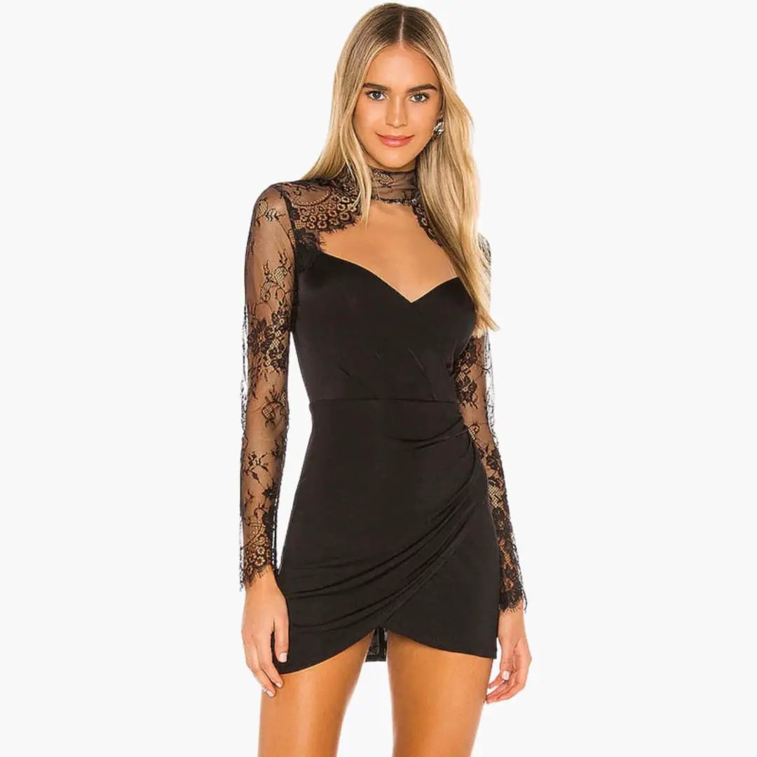Wilfred Smith Women’s Mini Dress with high-neck lace trim and sheer lace sleeves in black
