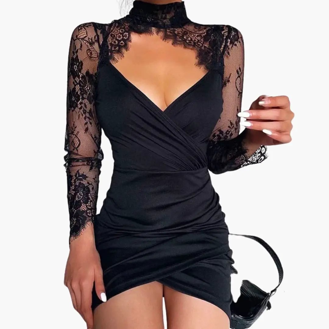 Women’s black mini dress with high lace neckline, sheer long lace sleeves, and a wrapped front