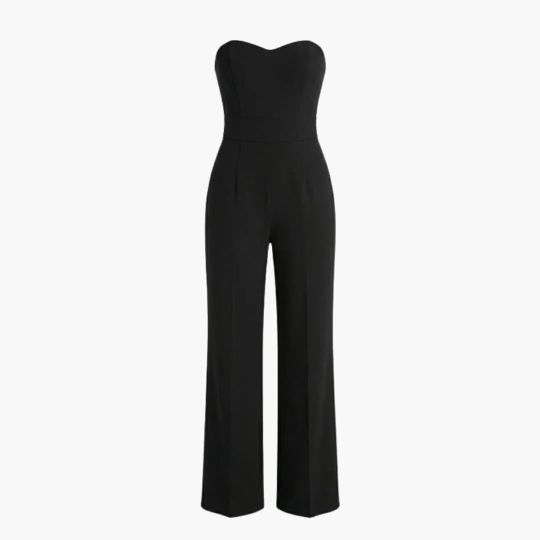 Women's off-shoulder jumpsuit with corset-style bodice by Wilfred Smith, black wide-leg one-piece.