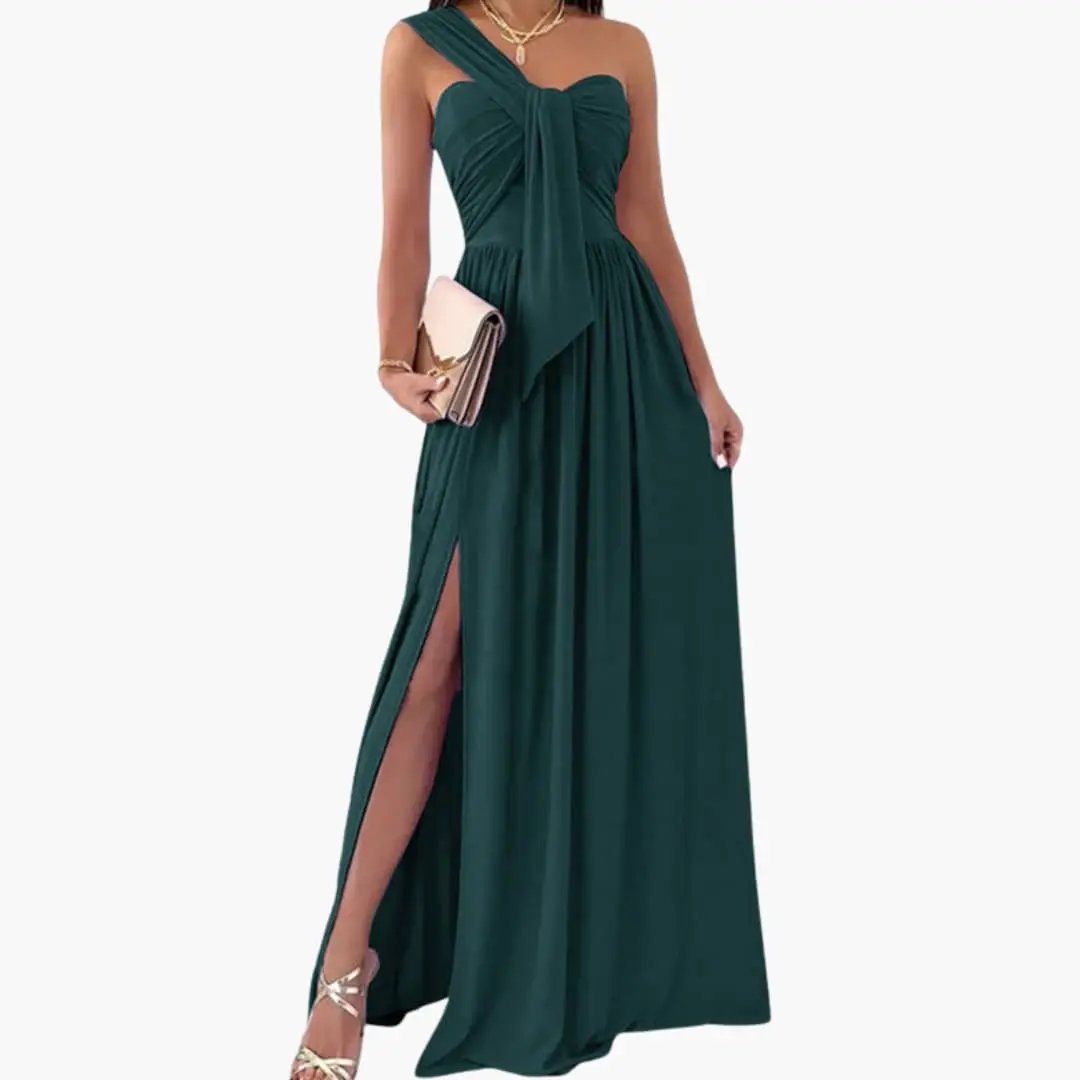 Women’s One-Shoulder Dress in teal with a draped front bow, floor-length with a side slit