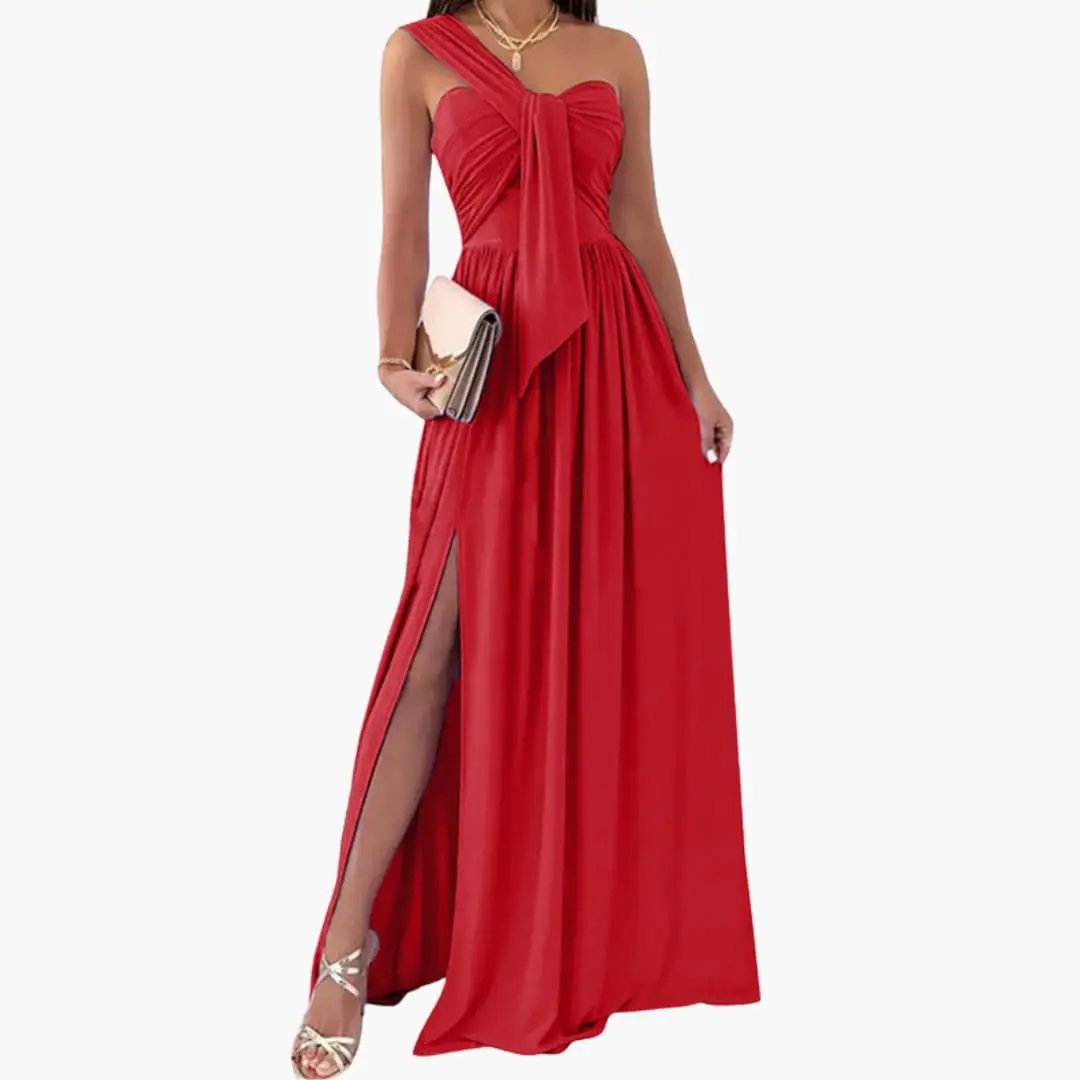 Women’s One-Shoulder Dress with Asymmetrical Hem in red; floor-length gown with front draped knot and high slit.