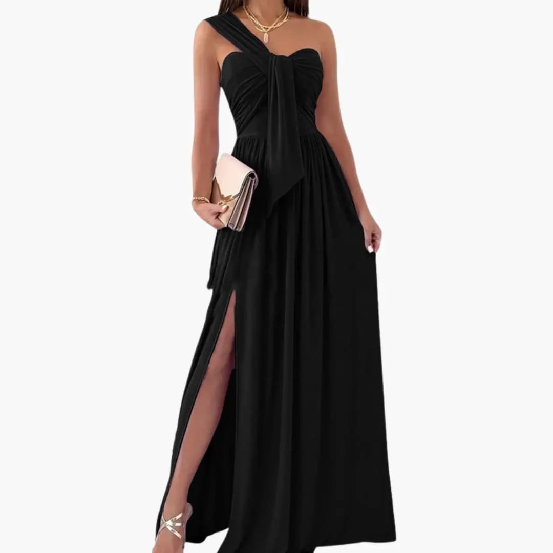 Women's one-shoulder black dress by Wilfred Smith with asymmetrical hem, floor-length, knot detail and thigh-high slit