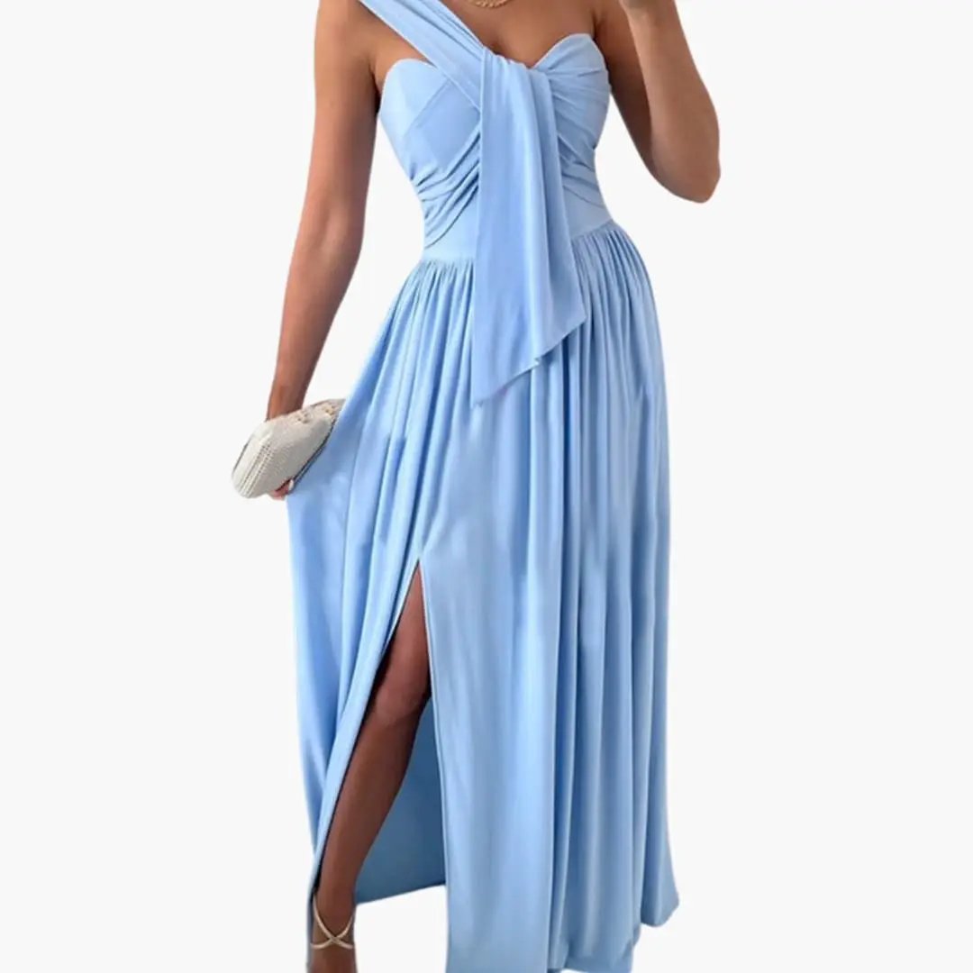 Women’s one-shoulder dress by Wilfred Smith in light blue, floor-length with asymmetrical hem and thigh-high slit