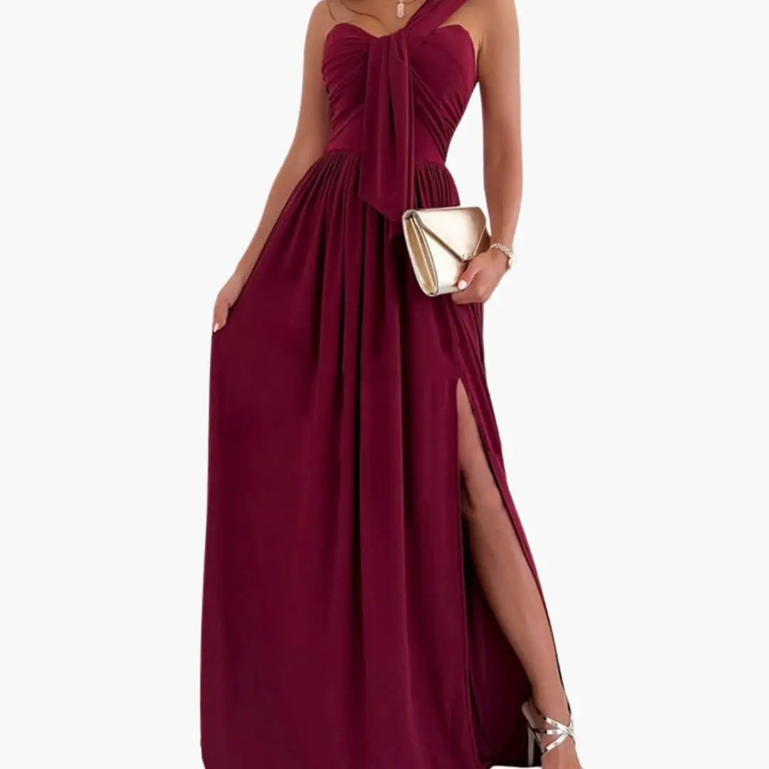 Women's One-Shoulder Dress with Asymmetric Hem in burgundy; gold clutch shown.