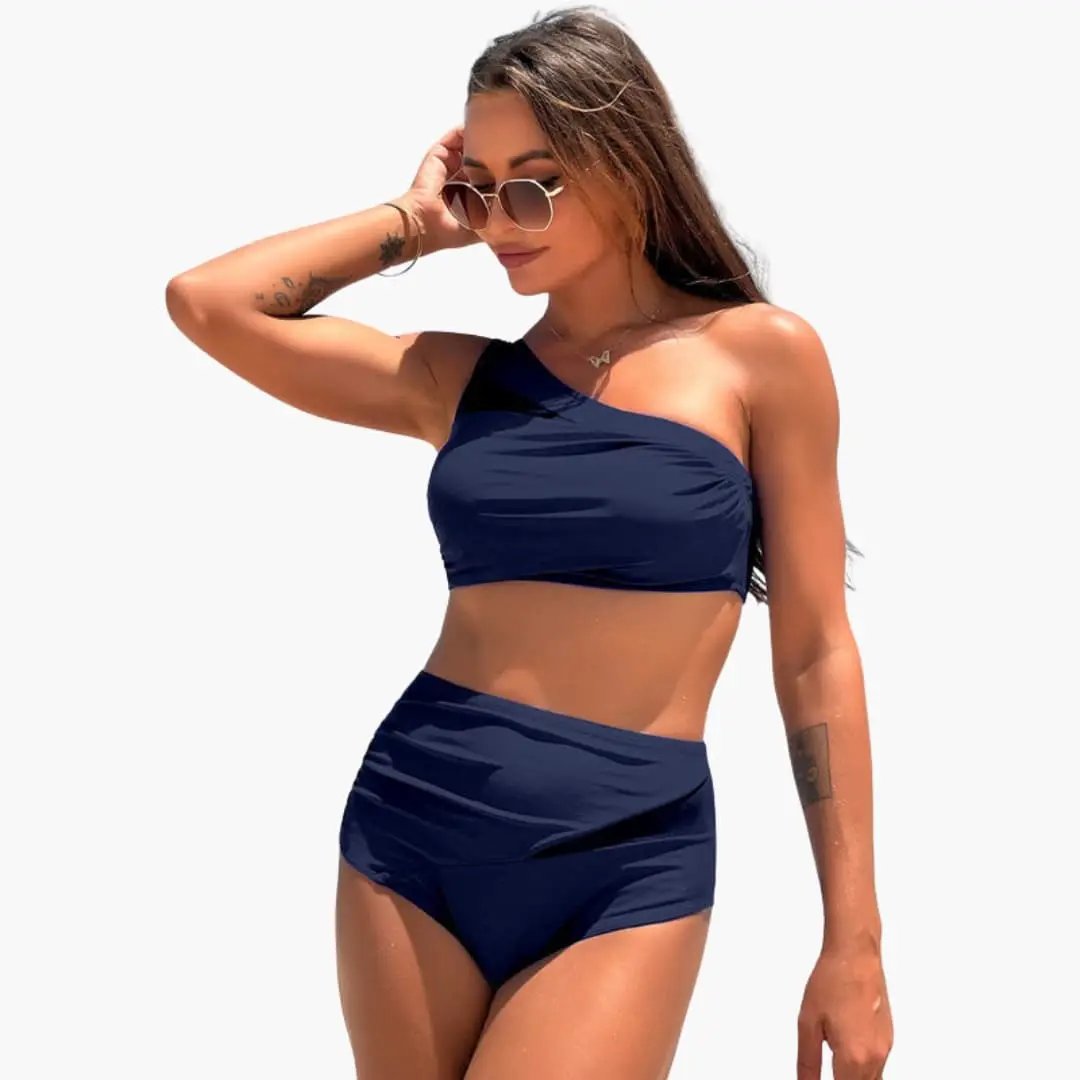 Women's One-Shoulder High-Waisted Bikini Set in navy by Wilfred Smith