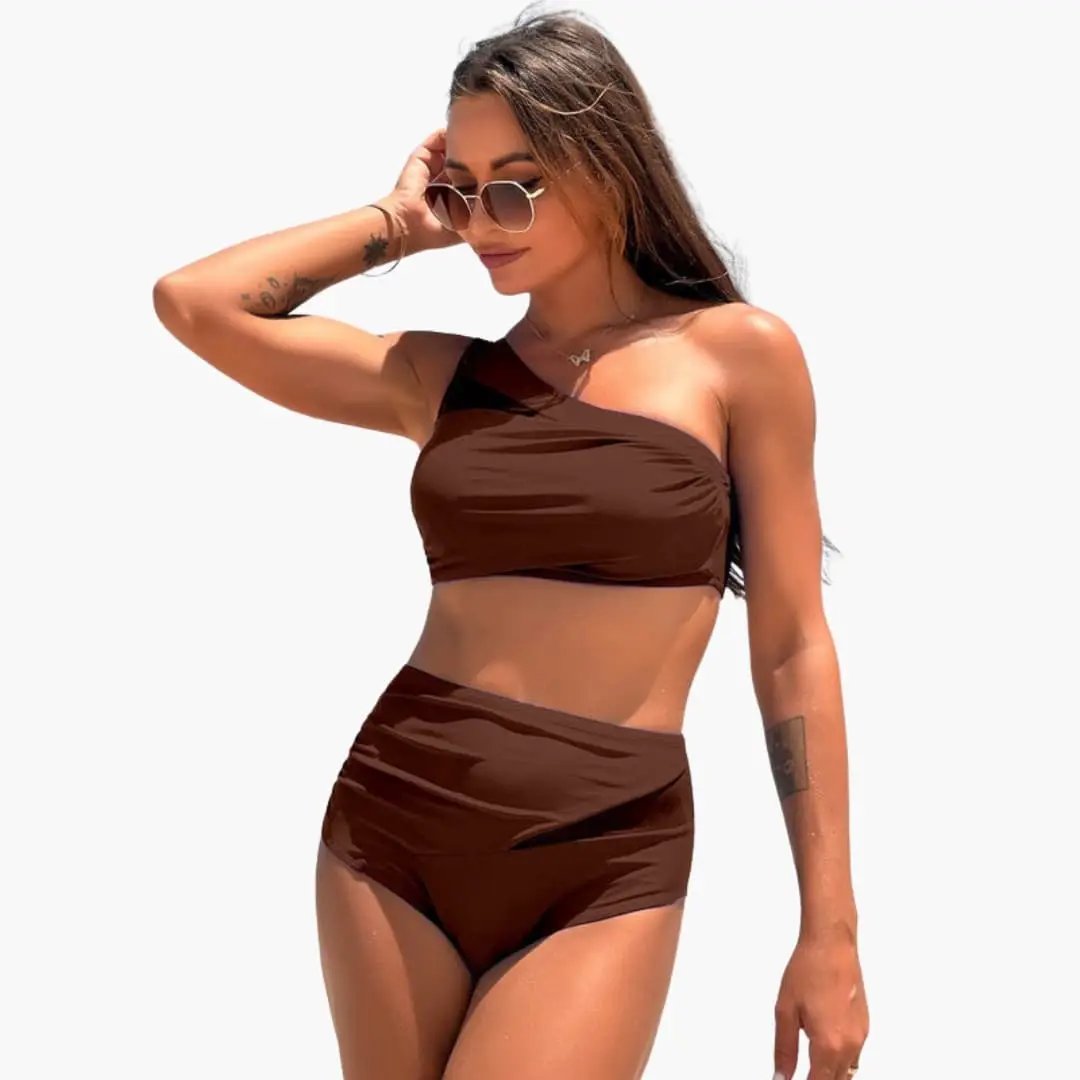 Women’s One-Shoulder High-Waisted Bikini Set in brown, classic bikini style with a flattering high-waist bottom.
