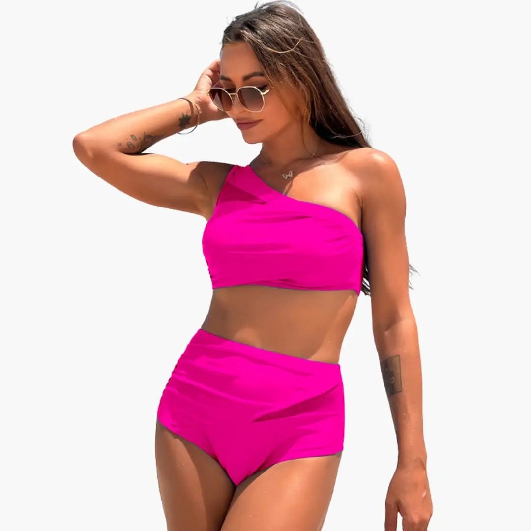 Women's one-shoulder high-waisted bikini set in hot pink by Wilfred Smith