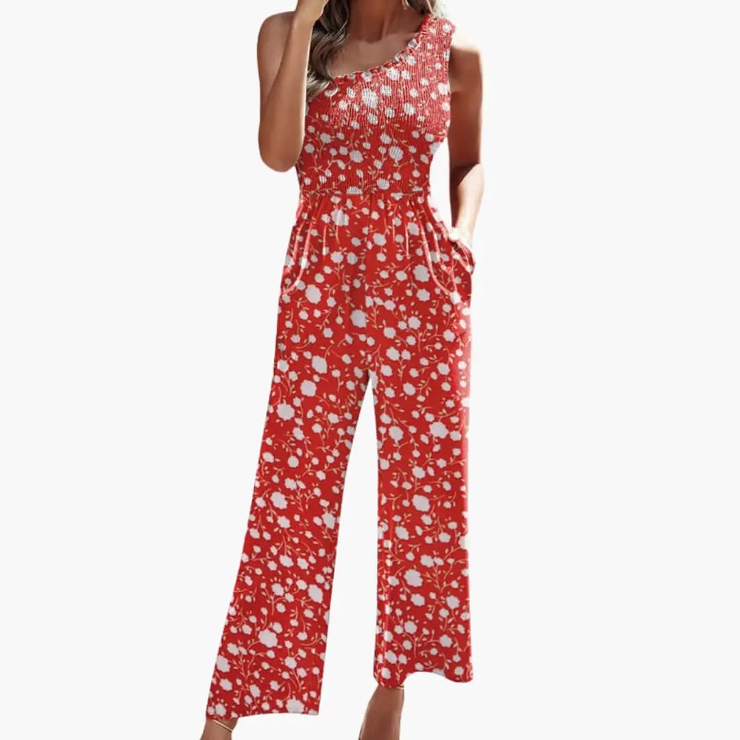 Women’s one-shoulder wide-leg jumpsuit by Wilfred Smith in red floral print with pockets