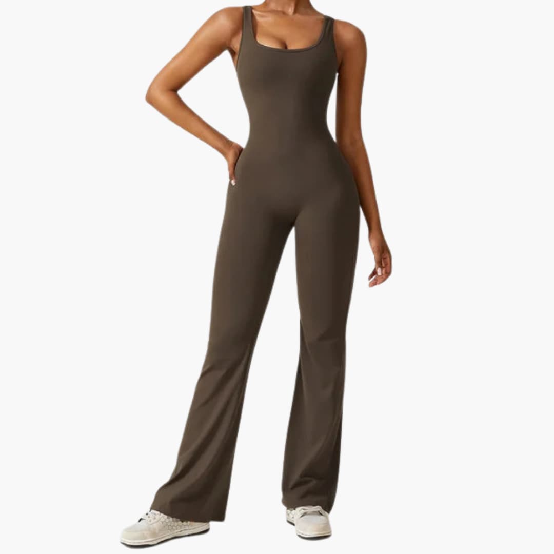 Women's open-back wide-leg jumpsuit in olive brown, sleeveless one-piece