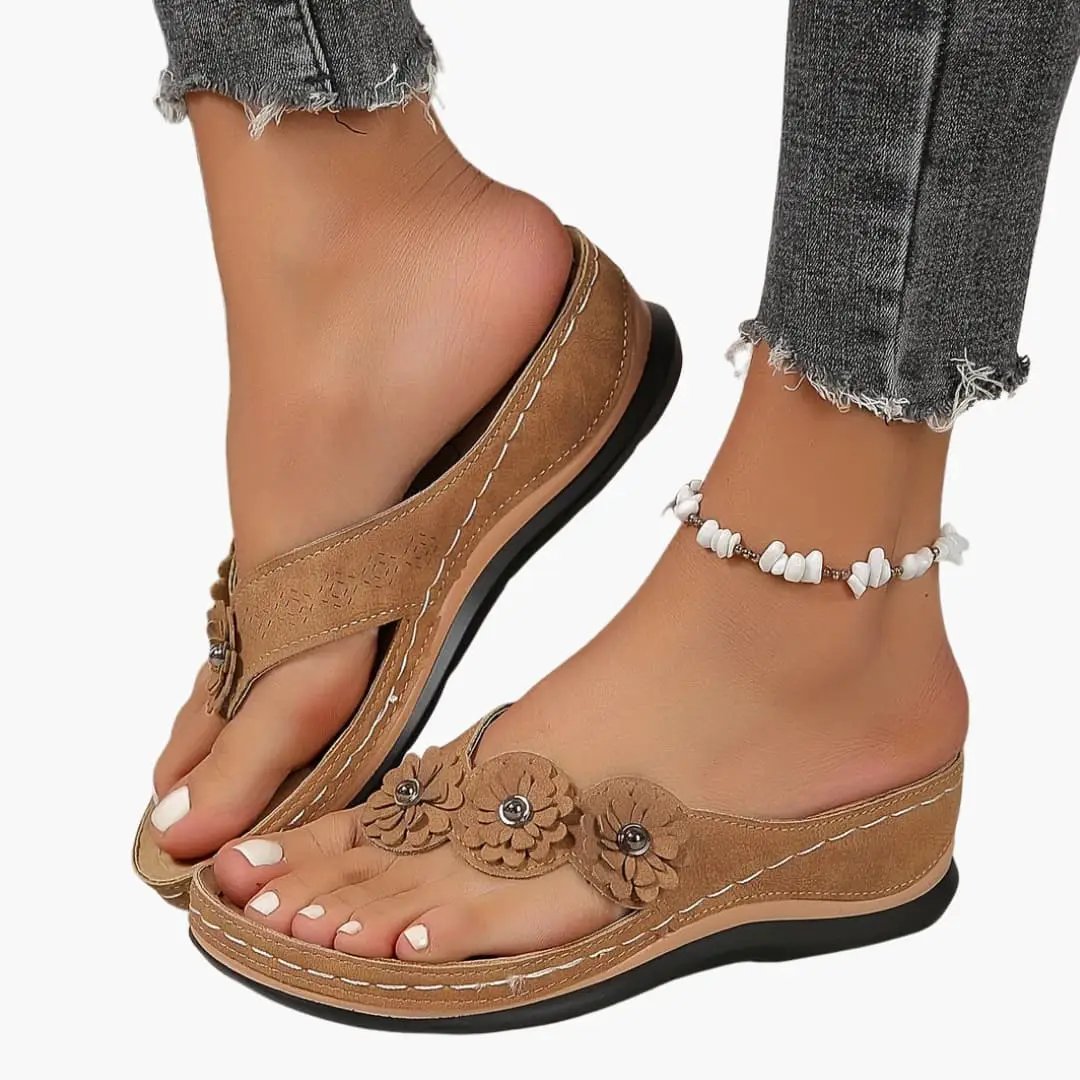 Women's orthopedic sandals with slip-on fit and cushioned insole in tan suede, floral strap design Wilfred Smith