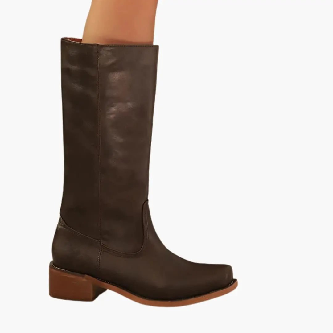 Women's orthopedic knee-high boot with block heel in brown leather by Wilfred Smith.