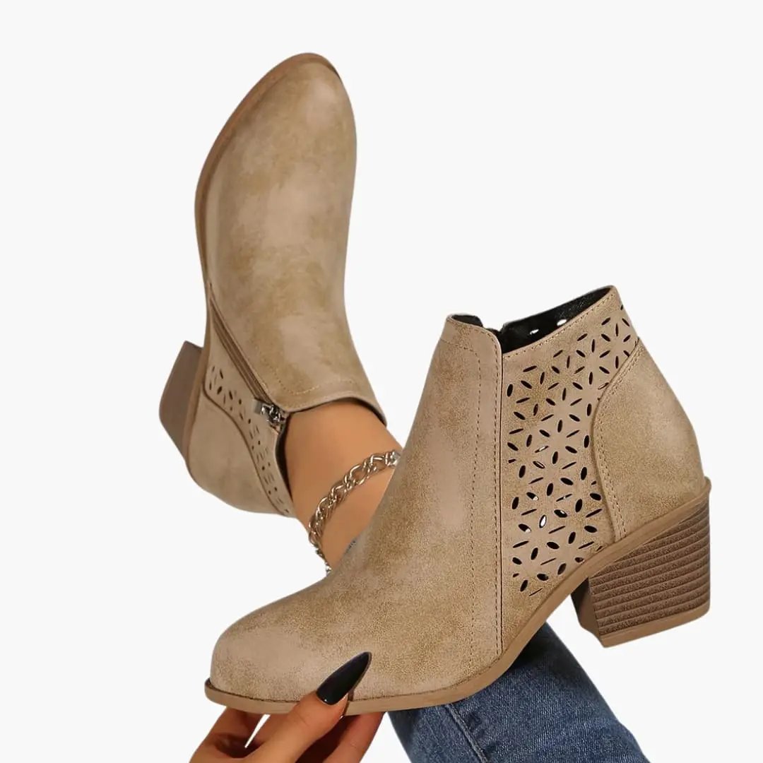 Wilfred Smith women's orthopedic boots with laser-cut detailing and non-slip sole in taupe suede.