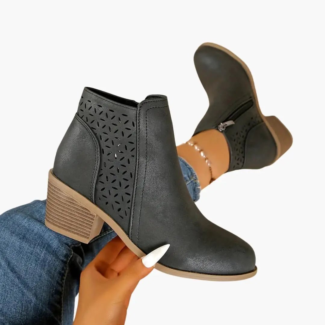 Women's orthopedic boots with laser-cut detailing, black leather, stacked block heel, non-slip sole