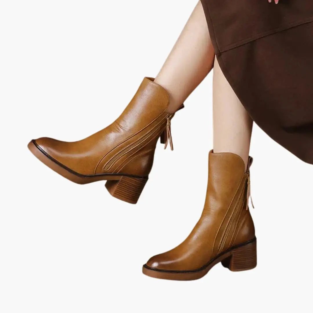 Women's orthopedic ankle boots in tan leather with side zipper and chunky block heel by Wilfred Smith.