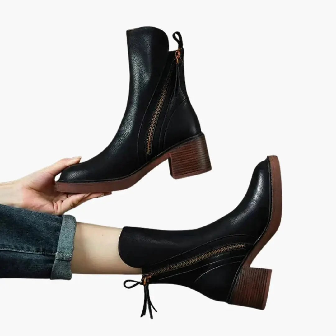 Women's Wilfred Smith orthopedic ankle boots, black leather with side zipper and brown block heel