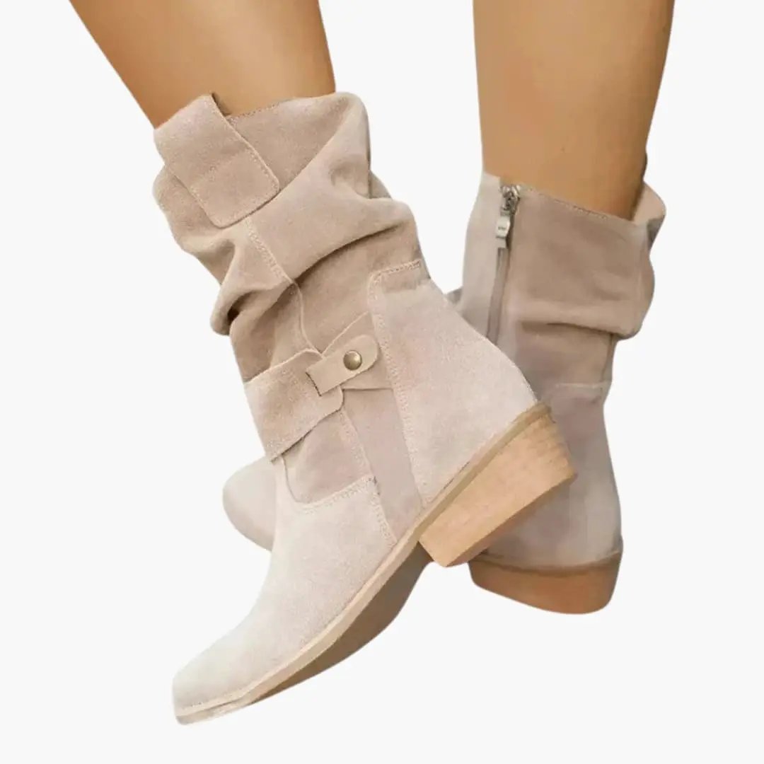 Wilfred Smith women's orthopedic boots in beige suede with slouchy shaft, side zipper, low wooden heel