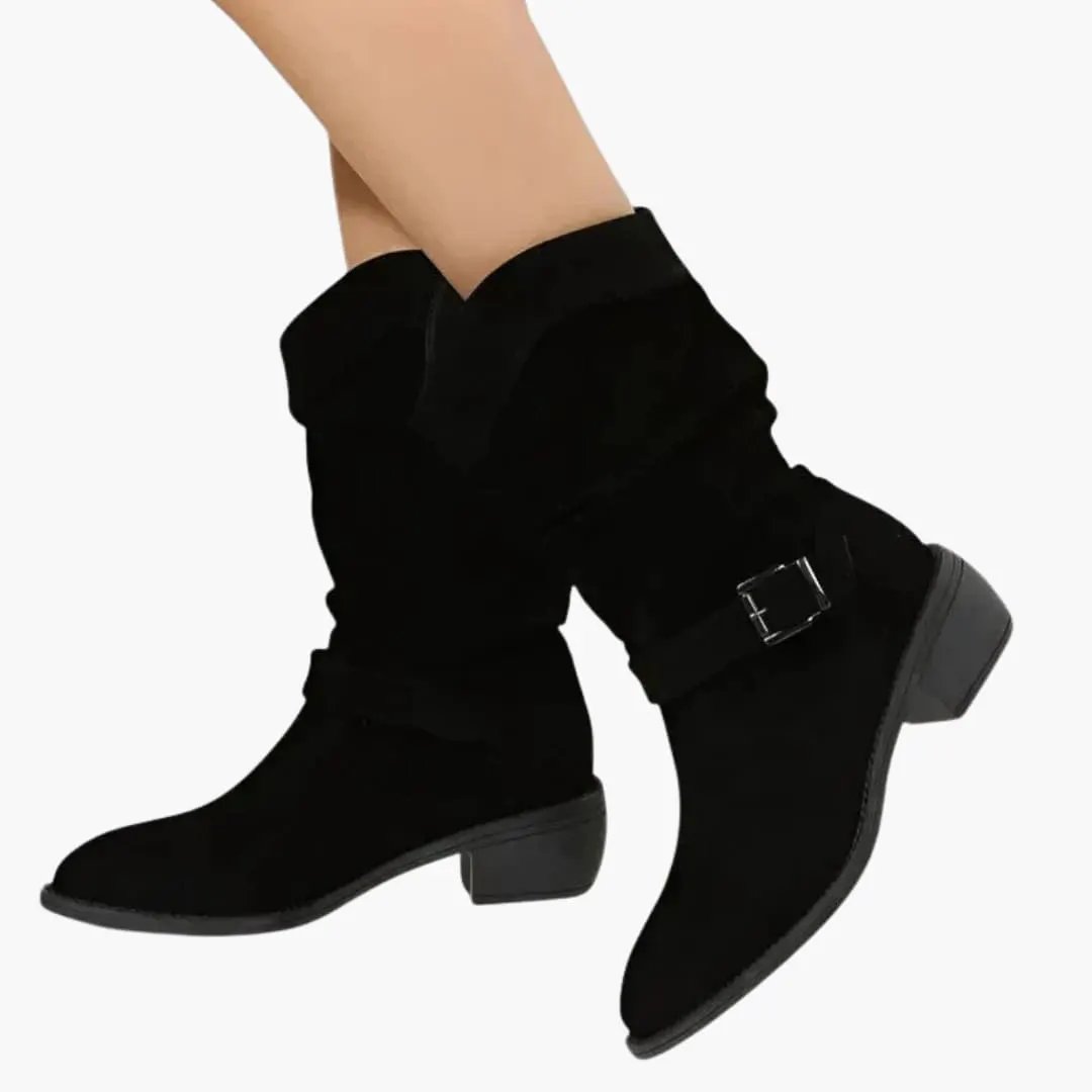 Black women's orthopedic boots with slouchy shaft, buckle strap, and low block heel