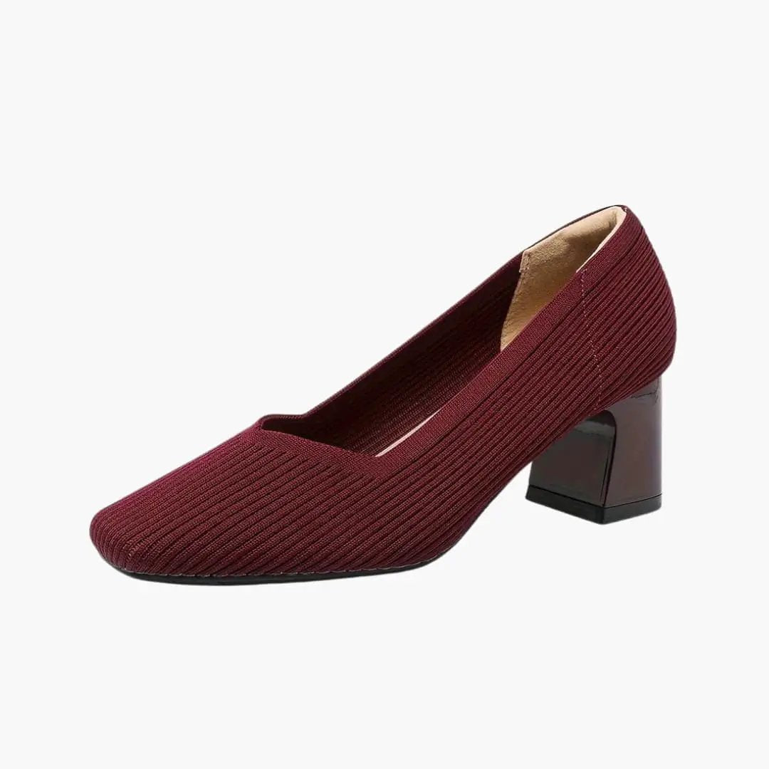 Women's orthopedic burgundy knit heels with cushioned sole and arch support, block heel.