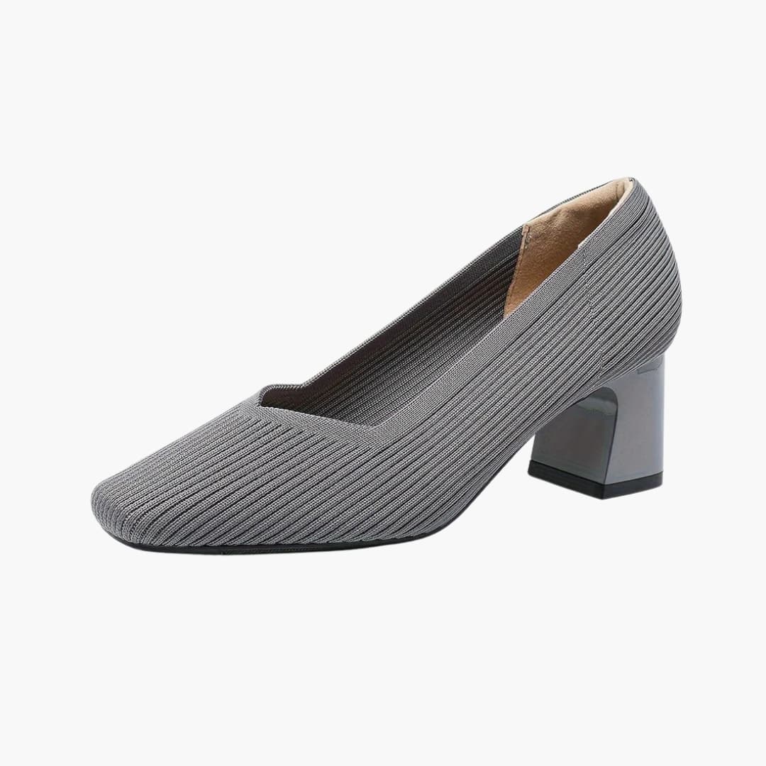 Women's orthopedic heels by Wilfred Smith in gray textured fabric with cushioned sole, arch support, and block heel