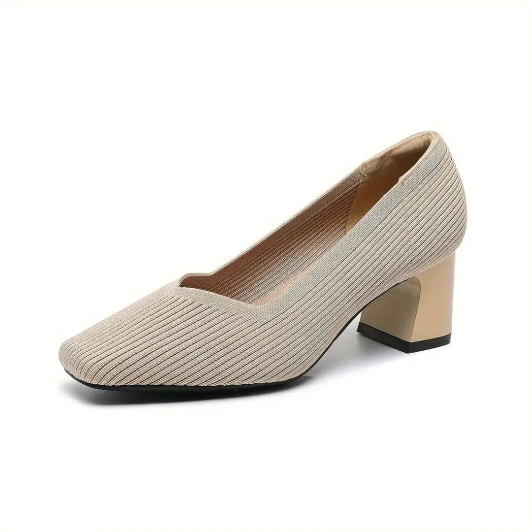 Women's orthopedic heels with cushioned sole and arch support, beige ribbed fabric upper.