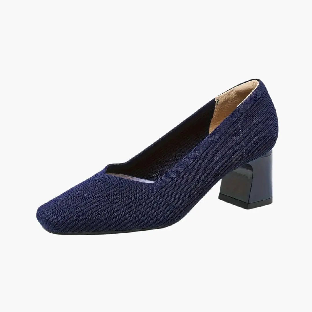 Women's orthopedic heels in navy ribbed fabric with cushioned sole and arch support, block heel.