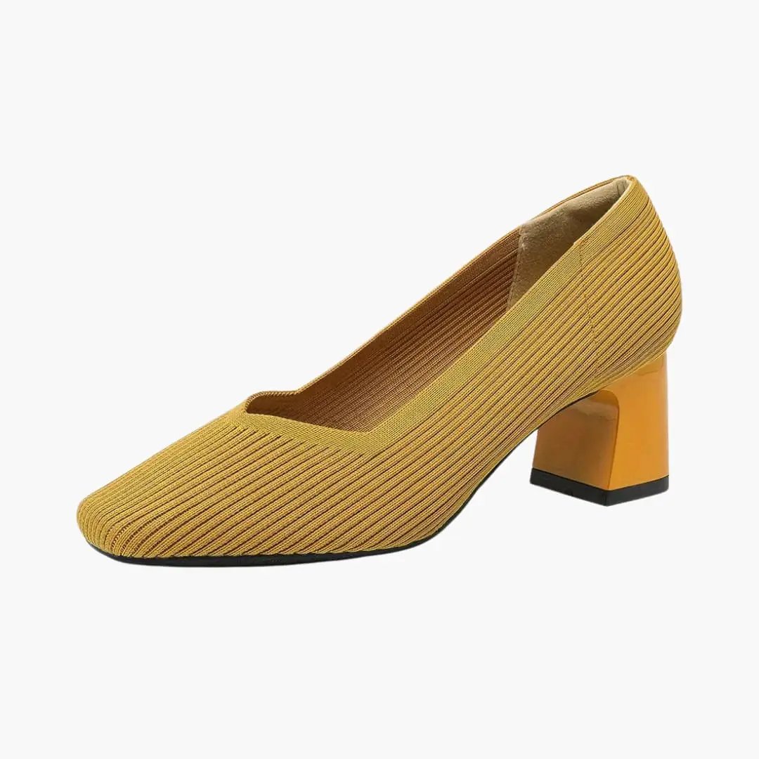 Wilfred Smith women's orthopedic heels in mustard yellow striped fabric with a block heel