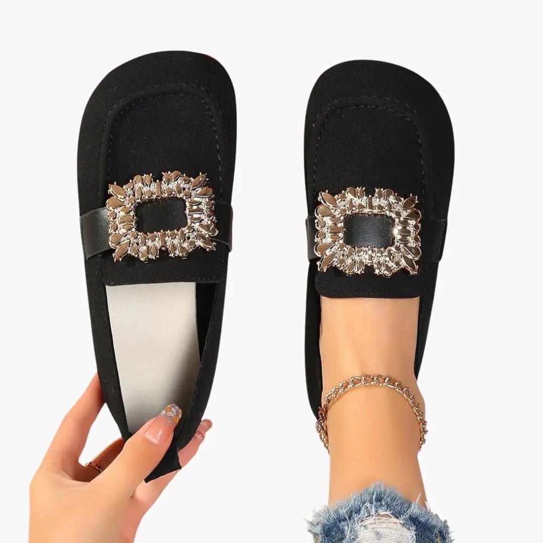 Women's orthopedic loafers black suede slip-on flats with a jeweled square buckle (2 shown)