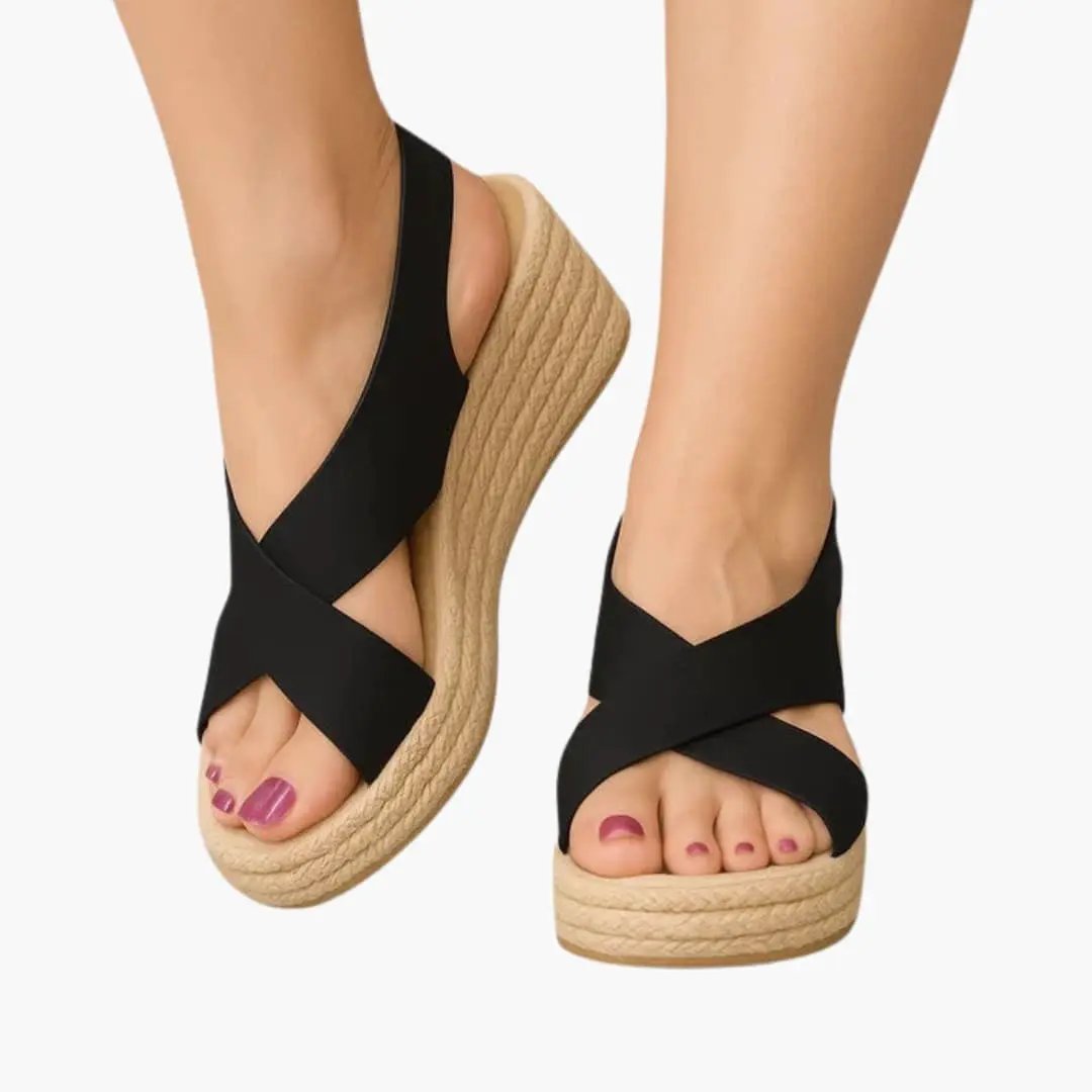 Women's orthopedic sandals with black crisscross straps and natural wedge espadrille sole