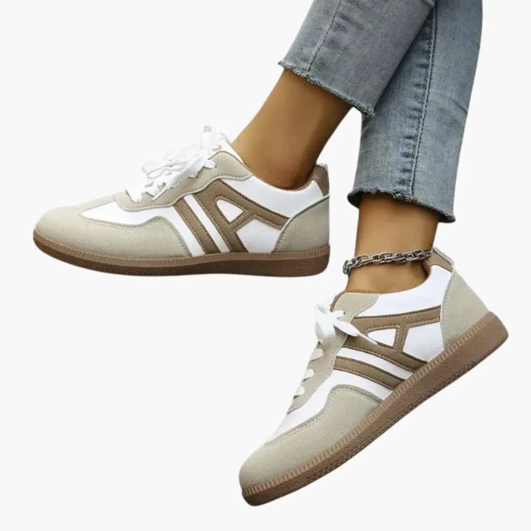 Women's orthopedic sneakers by Wilfred Smith in beige/white with arch-support cushioned sole and brown outsole
