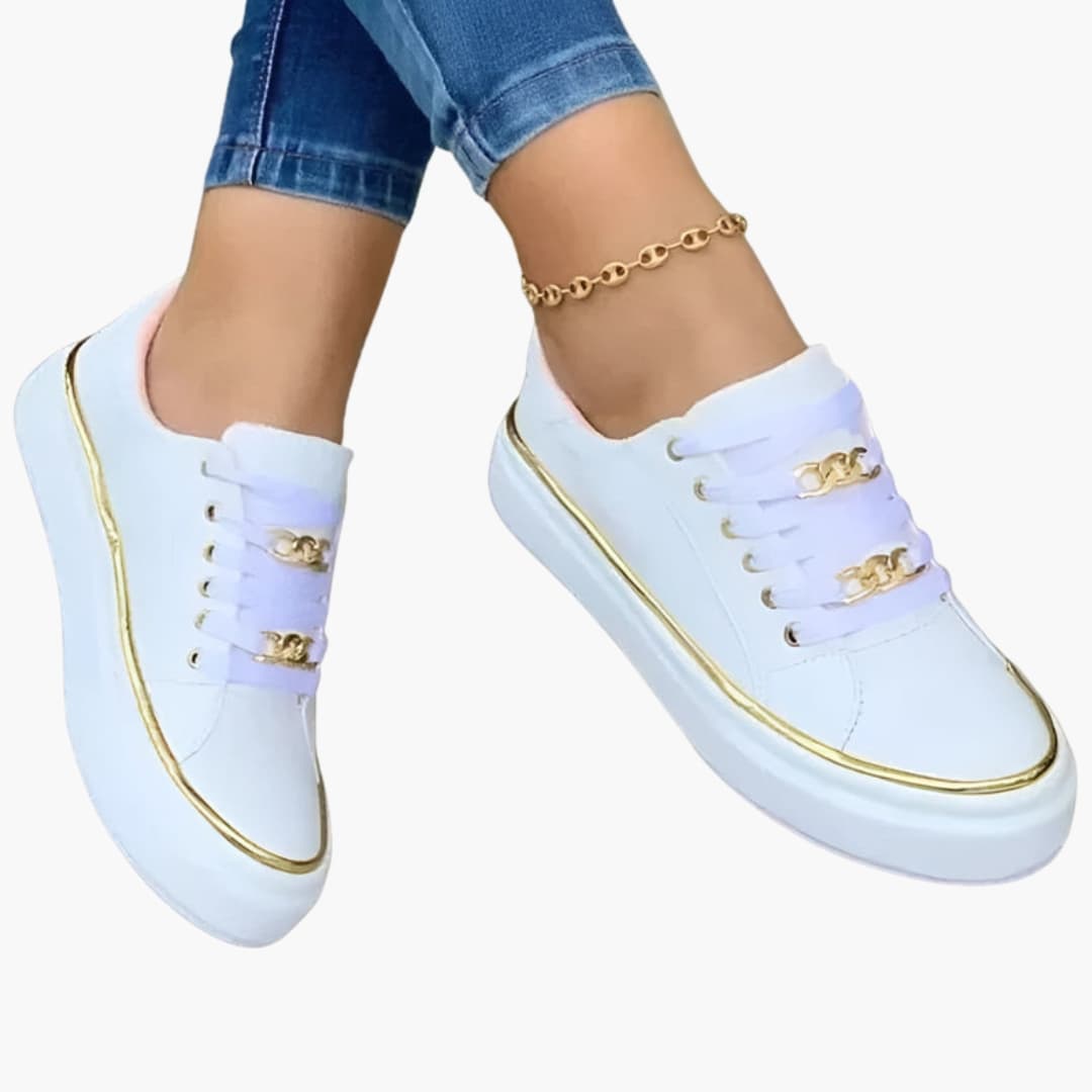 Women's orthopedic sneakers with lace-up closure, white with gold trim, by Wilfred Smith, cushioned sole
