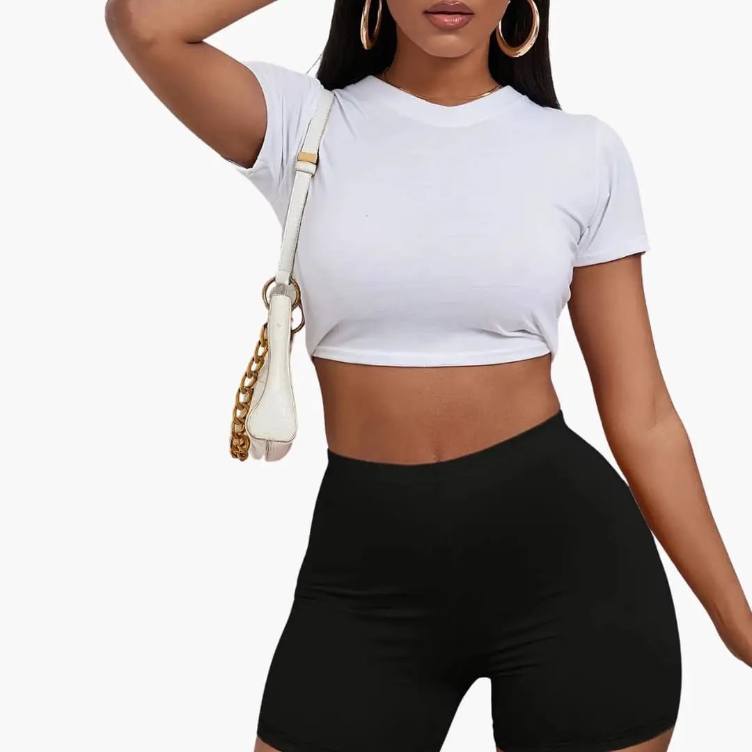 Women's Outfit Set with Cropped T-Shirt and Shorts, white crop top paired with black shorts by Wilfred Smith