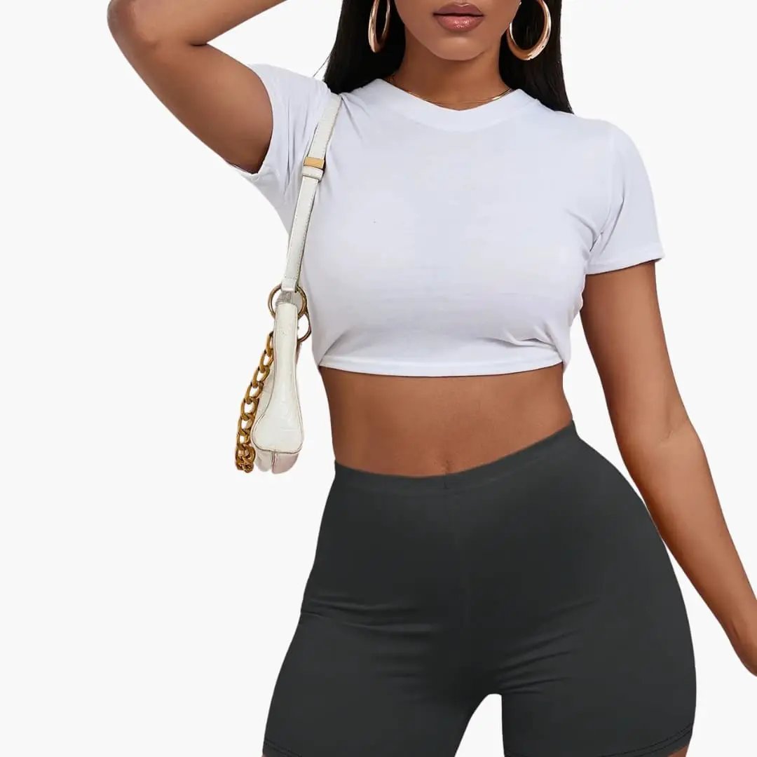 Women's Outfit Set with cropped white T-shirt and black shorts, two-piece