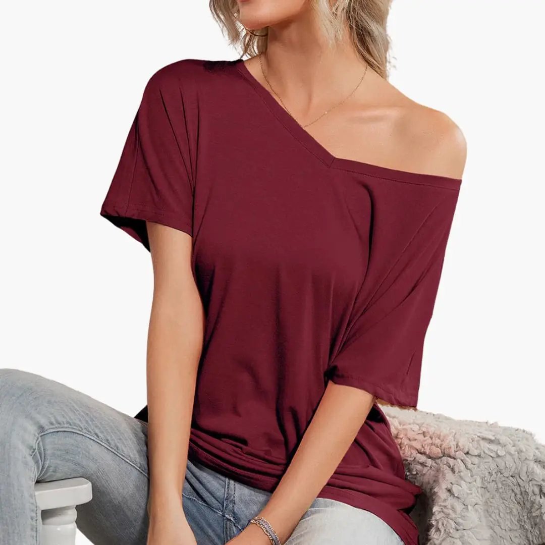 Women’s oversized maroon off-shoulder T-shirt by Wilfred Smith, short-sleeve